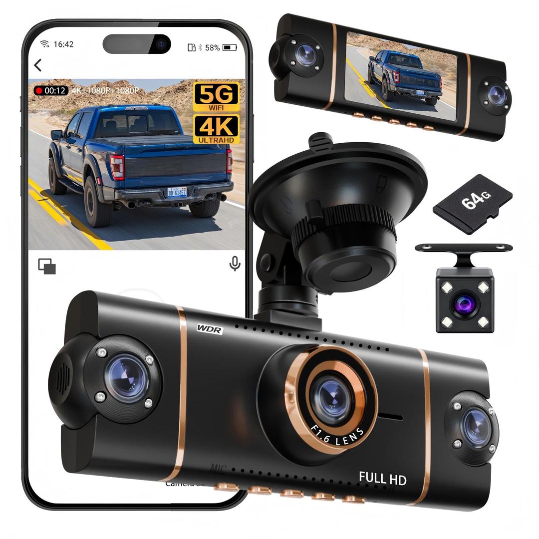 4 Channel 360° Dash Cam Front Rear Inside & Left Right, 4K+1080P*3 FHD Car Camera, 5GHz WiFi & App Control, 24H Parking Mode, 8 IR Lamps Night Vision, G-Sensor, Loop Recording, Includes 64GB SD Card（Black）