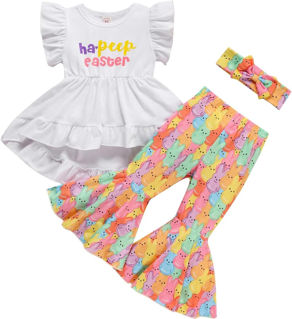 Noubeau Toddler Baby Girl Easter Outfits Ruffle Letter Rabbit Print Dress Shirt Top Leopard Bell-Bottom Flare Pant Headband (White)