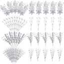 Syhood 30 Pack Holiday Tree Picks and Sprays Glitter Artificial Poinsettia Flower Berry Stems Ornaments Winter Tree Picks Branches Curly Wispy Twigs Sticks for DIY Craft Wreath Decor(Silver)