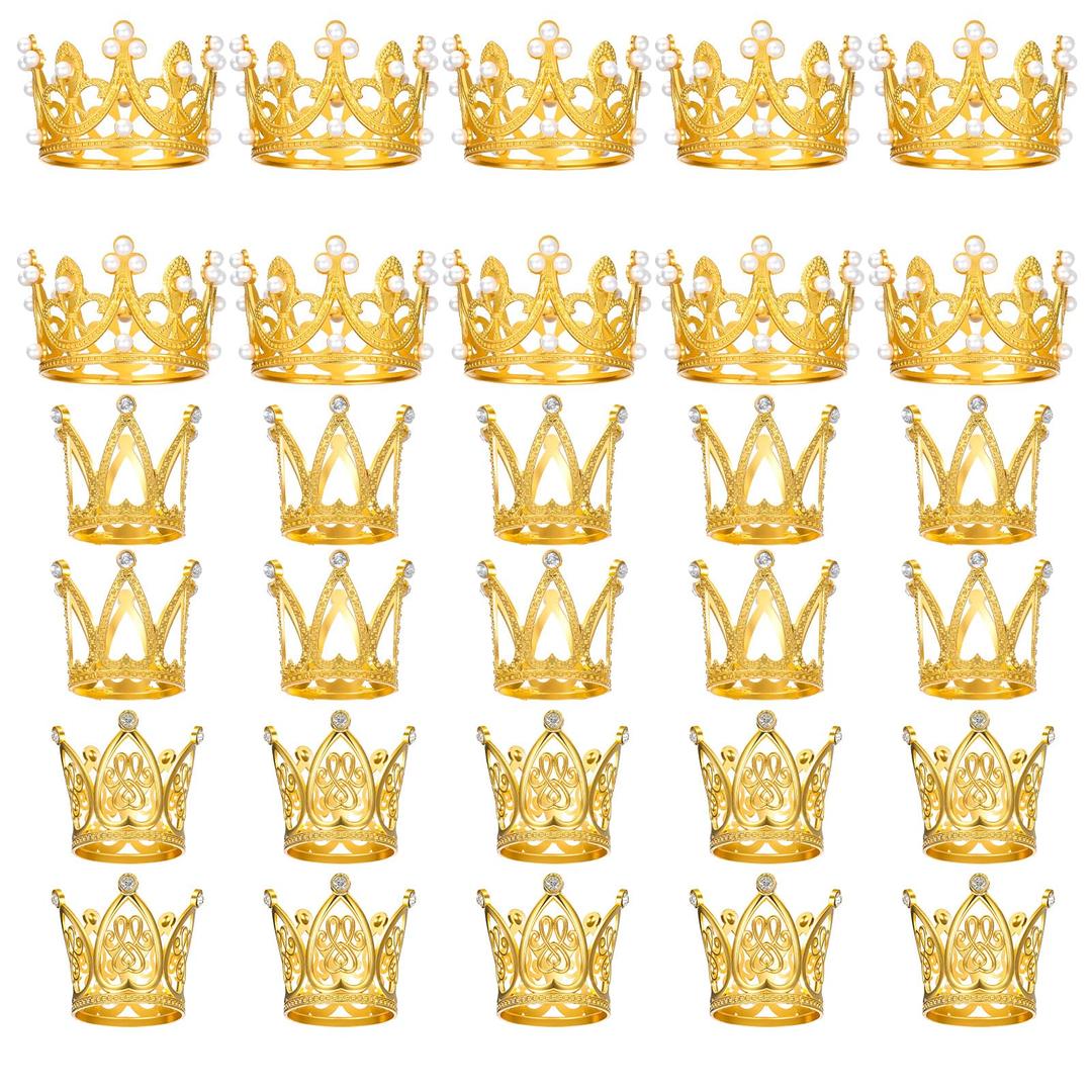 25 Pcs Gold Crown Cake Toppers, Mini Crowns for Flower Bouquets, Birthday, Cake, Wedding, Baby Shower, Party Decorations, 3 Styles with Rhinestone Pearl and Alloy Designs