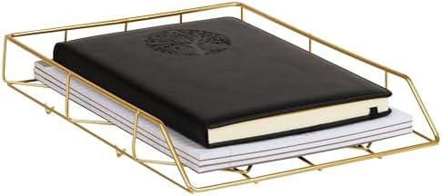 Mind Reader Gold Geometric Paper Tray, Modern Organizer for Documents, Folders, and Office Supplies, Durable and Stylish, Metal, 10" L x 12.25" W x 2" H, Gold