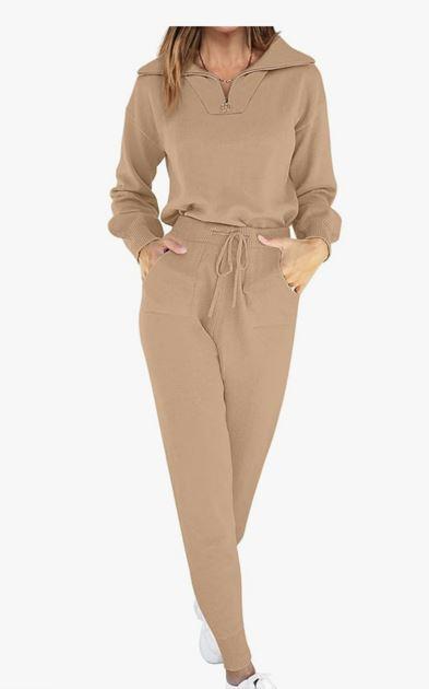 ANRABESS Women's Two Piece Outfits Sweater Lounge Sets Long Sleeve Zip Up Knit Pullover Jogger Pants Tracksuit Travel Outfits Set L
