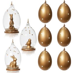 DN DECONATION 9Pcs Easter Hanging Ornaments Set, Gold Speckled Plastic Eggs & Glass Dome with Bunny Bird, Jute Hanging Rope for Tree Home Table Decor, Luxury Spring Gift & Party Decorations