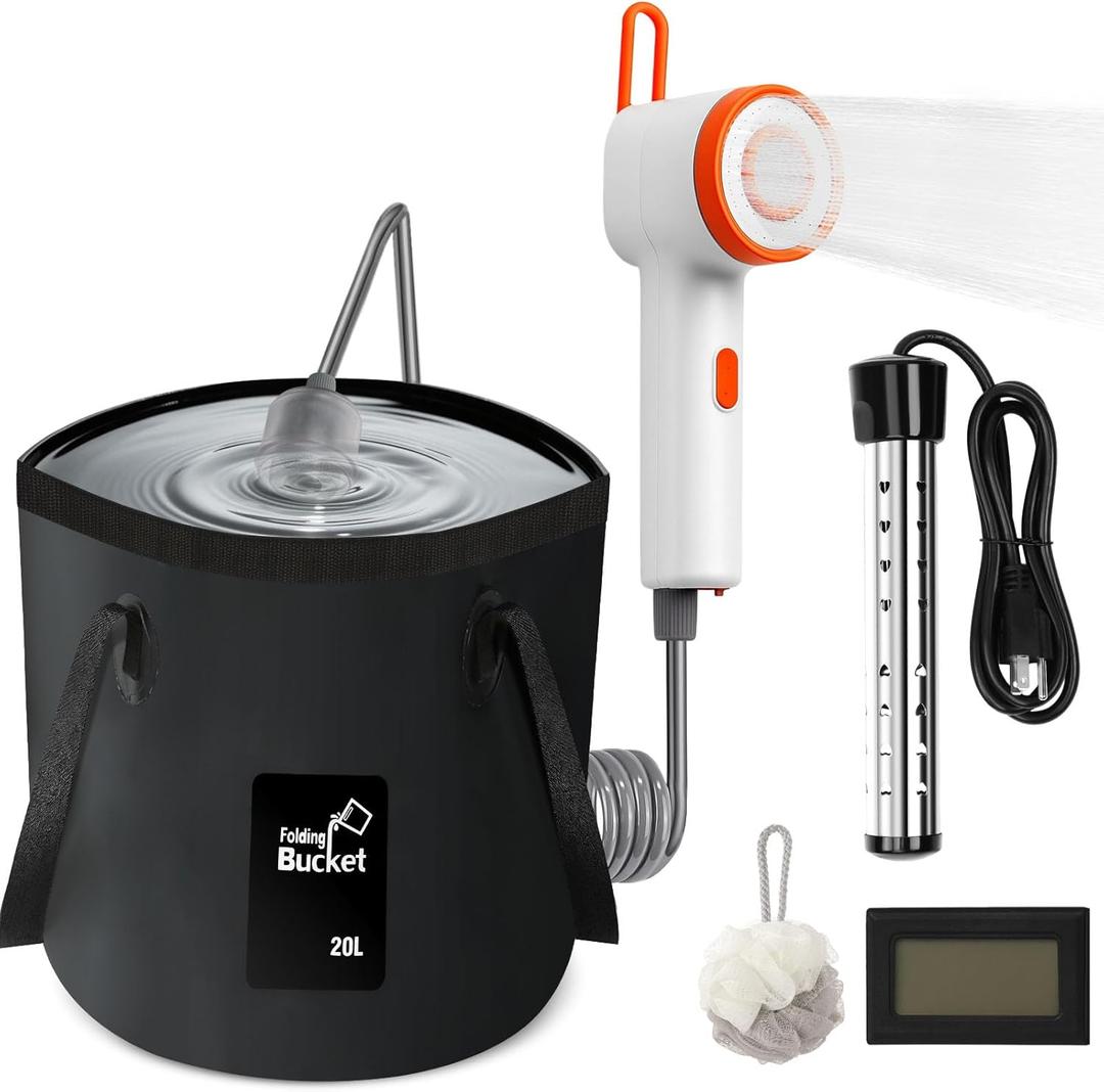 Portable Shower with Heater, 2500mAh Rechargeable Portable Camping Shower Pump with Light, 5 Gal Foldable Bucket, Digital Display for Hiking, Travel, Pets & Car Washing, Wartering Plants (BLACK1)