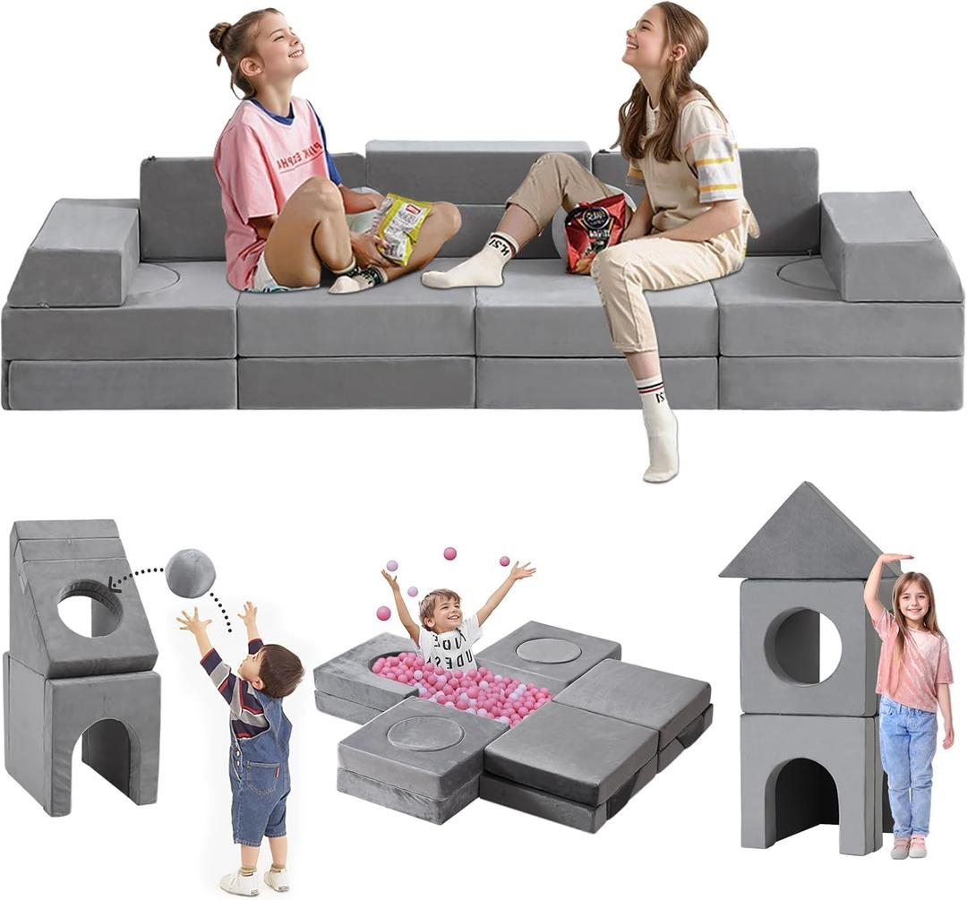 22Pcs Modular Kids Play Couch, 1000+DIY Creativing Playroom Furniture for Kids, Toddler Couch, Convertible Foam and Floor Cushion for Boys and Girls, Grey 2
