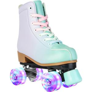 Roller Skates for Girls and Women, PU Leather Gradient Green Purple Roller Skates with Flash Wheels, Indoor Outdoor Roller Skates for Youth Beginner Girls Ages 8-12 (37-US Women 7/ Youth 6)