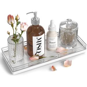 Bathroom Tray for Counter, Oak Wooden 11.2" L Vanity Tray for Jewelry Candle Makeup Perfume, Holder for Coffee Table Decor Bar Silver (11" x 4.3" x 1.5")