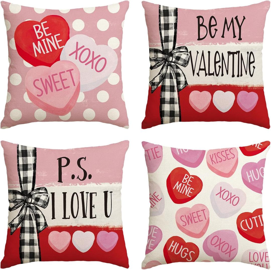 AVOIN colorlife Be My Valentine Red Candy Heart Throw Pillow Covers, 20 x 20 Inch Valentine Stripes Wedding Cushion Case Decoration for Sofa Couch, Set of 4