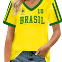 Women's 2026 Soccer Match Day Cup Short Sleeve Graphic Top T-Shirt Green Yellow Brazil A4, XXL