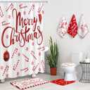 Newwiee 7 Pcs Christmas Bathroom Set Xmas Shower Curtain Decor Shower Curtain Non Slip Rugs and Kitchen Towels 3 Bathroom Decor Accessories for Christmas Holiday(Candy)