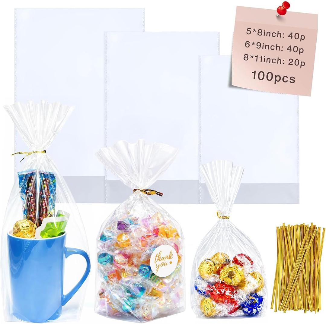 Cherodada Clear Cellophane Treat Bags with Ties, 5"x 8", 6"x 9", 8"x 11" (100 pcs) Bottom Gusset Bags, Clear Gift Bags for Party Favor, Gift Wrapping, Wrapping Candies, Cookies, Chocolates, Popcorn