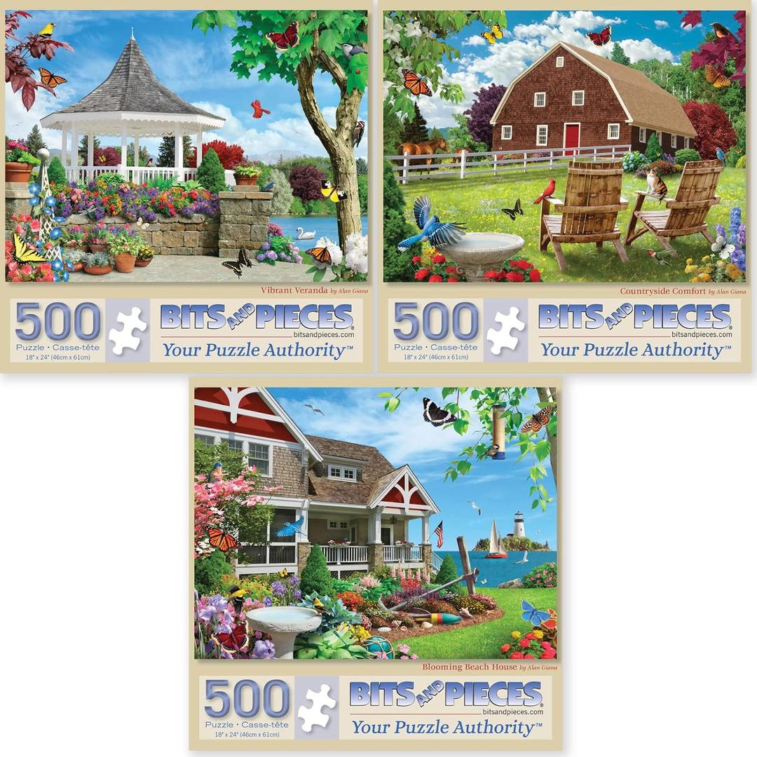 Bits and Pieces - Value Set of Three (3) 500 Piece Jigsaw Puzzles for Adults - Puzzles Measure 18" x 24" - 500 pc Vibrant Veranda, Countryside Comfort, Blooming Beach House Jigsaws by Alan Giana Bits and Pieces - Value Set of Three (3) 500 Piece Jigsaw Puzzles for Adults - Puzzles Measure 18" x 24" - 500 pc Vibrant Veranda, Countryside Comfort, Blooming Beach House Jigsaws by Alan Giana