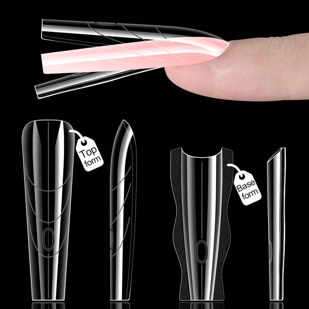 Sandwich Dual Nail Forms, 15 Sizes Long Coffin Top and Bottom Dual Forms for Builder Gel, Reusable Acrylic Nail Extension Molds with Guide Lines, Professional Manicure Supplies (Coffin)