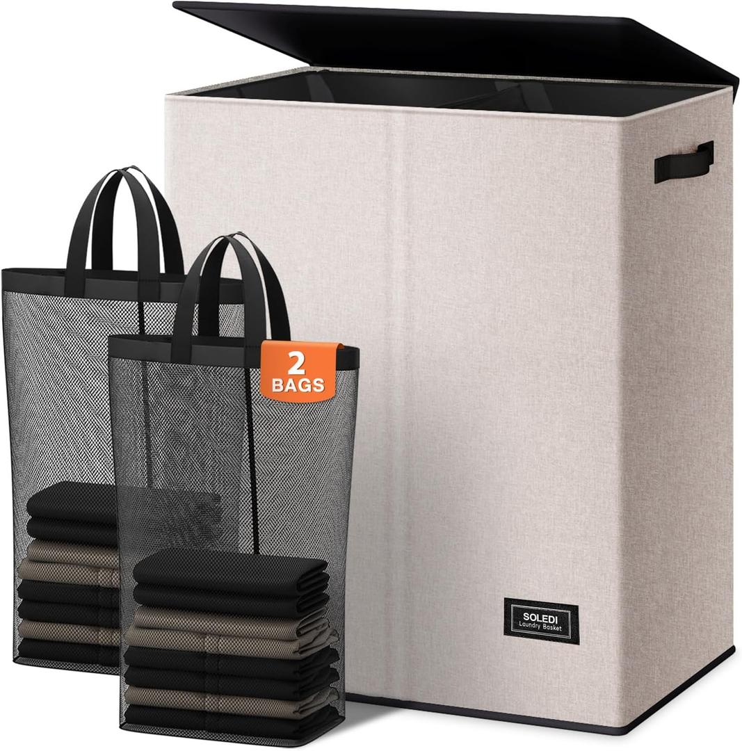 SOLEDI Large Double Laundry Hamper with Lid, Collapsible Clothes Hamper 2 section with Removable Bags, Space-Saving Laundry Basket for Bedroom, Dorm, College (145L, Beige)