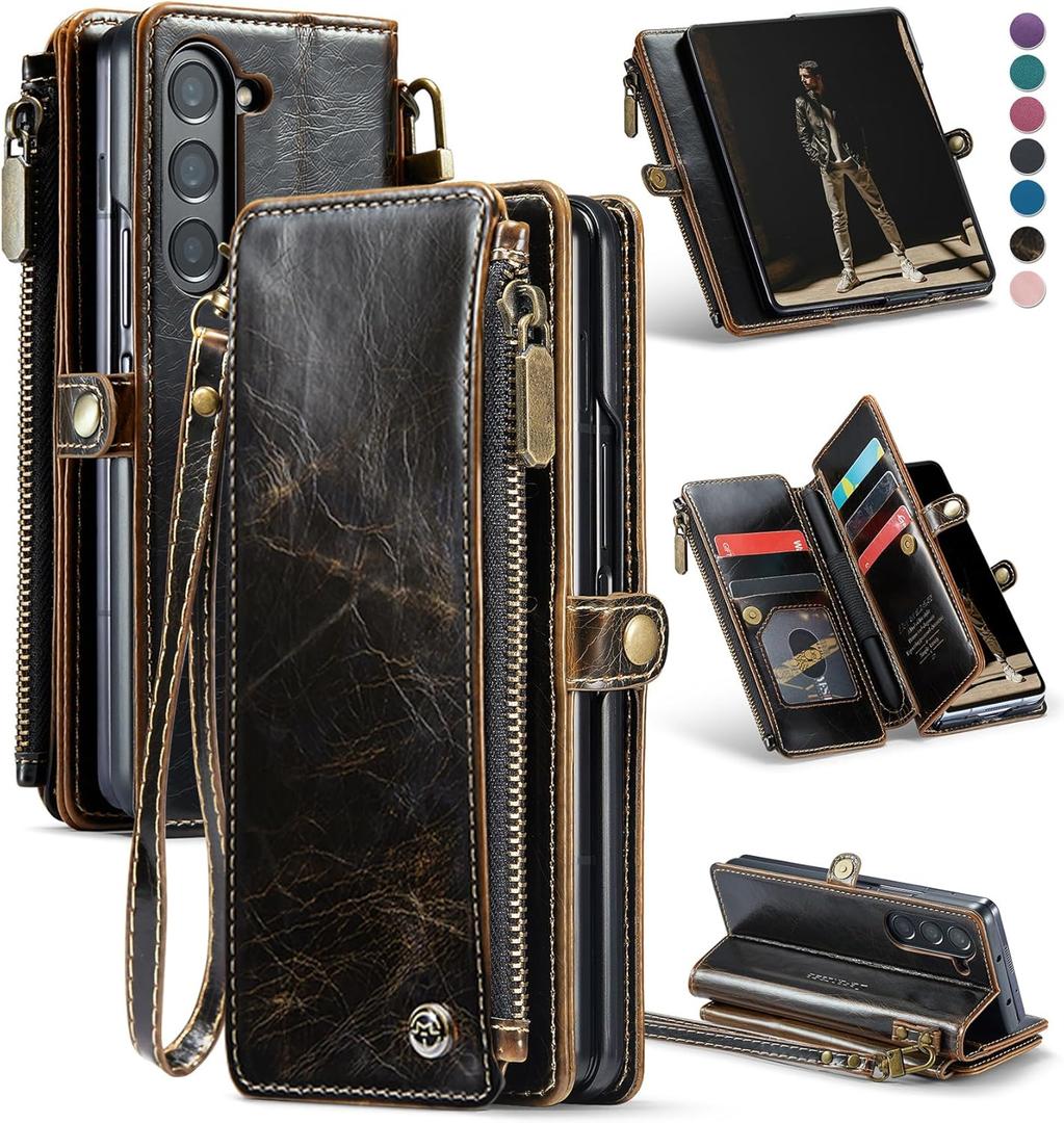 Defencase Wallet Case Compatible with Samsung Galaxy Z Fold 5 with RFID Blocking Card Holder & S Pen Holder Slot PU Leather Magnetic Snap Flip Zipper Strap Phone Case Fit for Galaxy Z Fold 5, Coffee