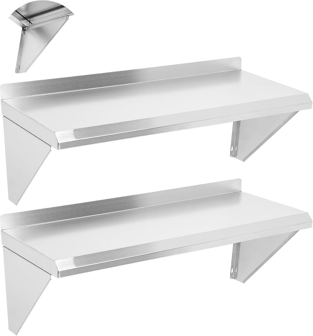 Stainless Steel Shelf 12" x 24" - 2 PCS, 250 LBS Commercial Wall Mount Floating Shelves with Safety Edges, for Kitchen, Restaurant, and Home Laundry Room