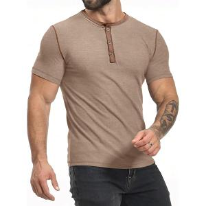 PLEPAN Mens Henley Shirts Crewneck Short Sleeve Casual Cotton T-Shirts with Contrast Color Collar (XL, Blue)