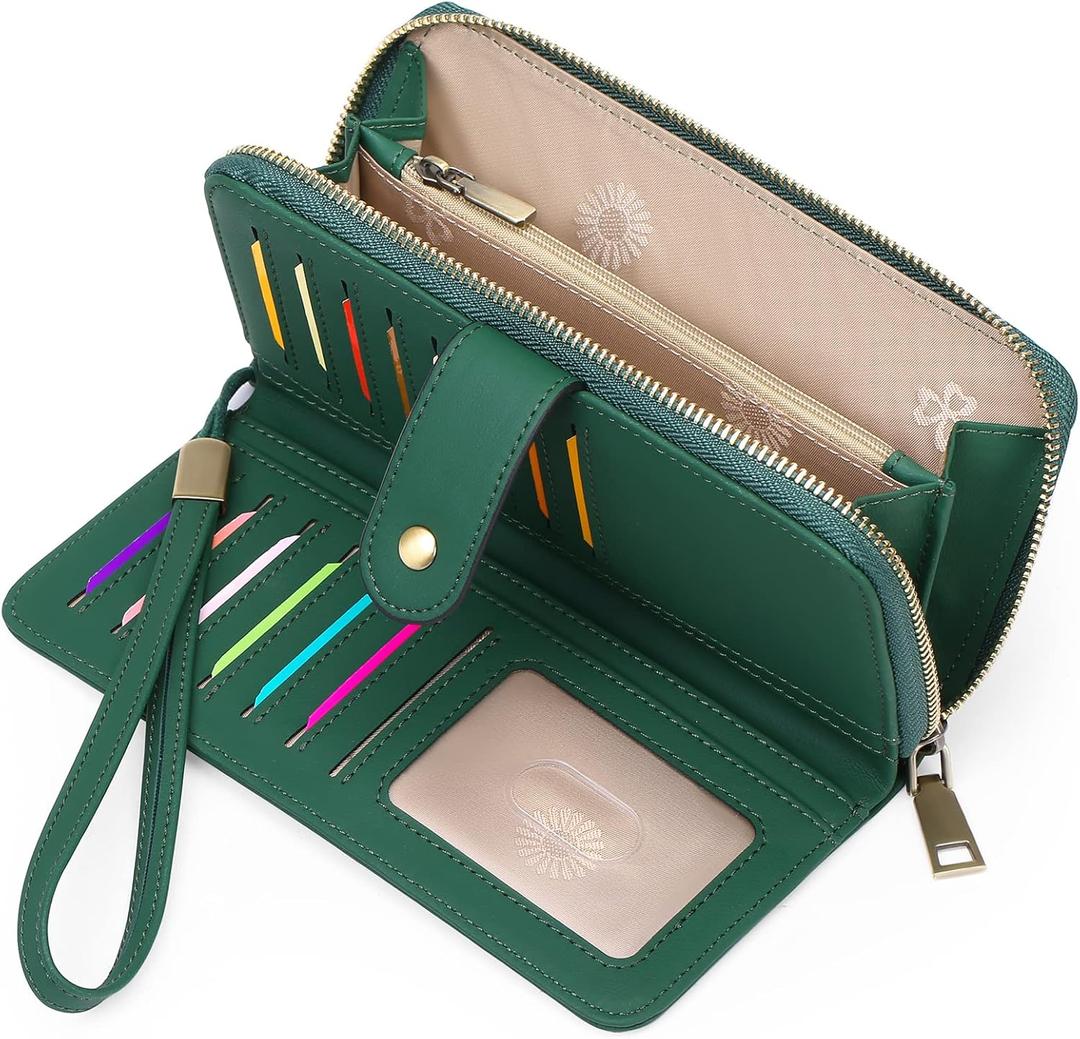GAEKEAO Wallet for Women Clutch RFID Blocking Wristlet Leather Purse Large Capacity Credit Card Holder with Grip Hand Strap