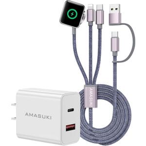 Multi Charging Cable for Apple Watch Charger iPhone Charger PD20W USB C/A Block Fast Charging Compatible with iWatch Ultra/SE/10/9/8/7/6/5/4/3/2/1 & iPhone 16/15/14/13/12/Galaxy S23-4FT (Grey)