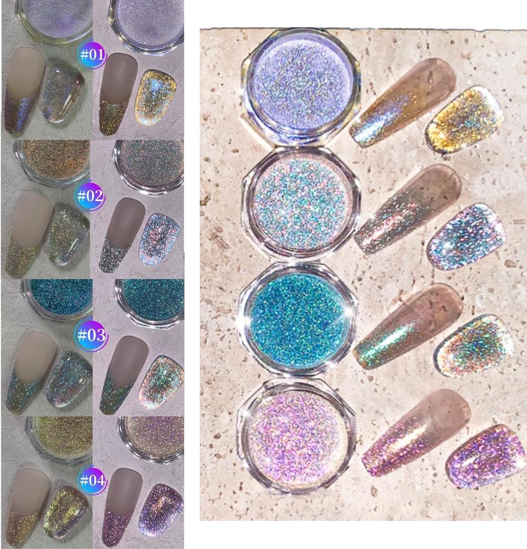 CHARMING MAY 4 Colors Holographic Nail Glitter Powder Set Shiny Metallic Chrome Nail Powder Kit for Acrylic Nails Sparkling Reflective Glitter Galaxy Effect for Party Nightclub(4 Colors(#1#2#3#4))
