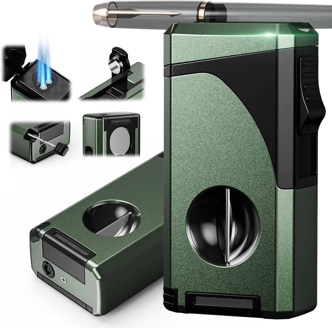 6-in-1 Triple Torch Lighter, with Holder, Punch, Straight & V Cutter, Draw Enhancer Tool, Included Gift Box for Men, Outdoor Multifunctional Accessories, Windproof Refillable Butane Lighter for Travel (Green)