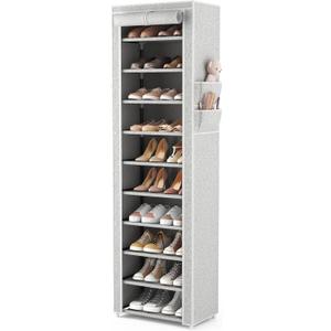 VTRIN Vertical Narrow Shoe Rack Organizer Tall Shoe Rack for Closet Entryway 10 Tier Non-Woven Cover Shoe Shelf Holds 20-22 Pairs Free Standing Shoe Storage Cabinet with Dustproof Cover, Multi Color (Light Grey)