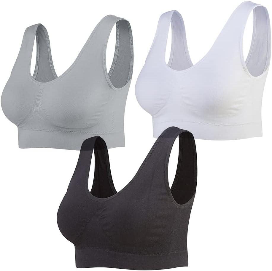 Lemef 3-Pack Seamless Sports Bra Wirefree Yoga Bra with Removable Pads for Women (3X-Large, Black&white&grey)