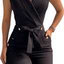 Women's Elegant Jumpsuits V Neck Sleeveless Straight Belted Long Pants Business Suits Set with Pockets (Black) Small