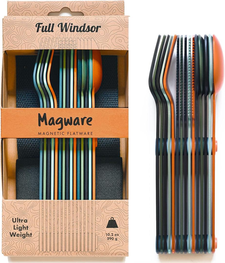 FULL WINDSOR - MAGWARE Magnetic Stainless Steel Kitchen Utensils Set - Travel Utensils for Camping, Cooking, and Outdoor Dining - Knife, Fork & Spoon - Compact Camping Cutlery - Multicolor (15 PCS) (Five Set - Multicolor (15 Pieces))