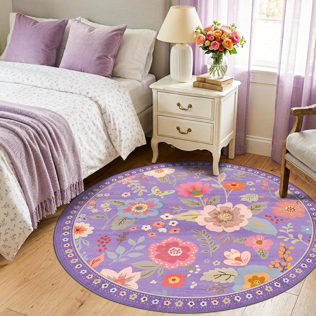RELEANY Floral Nursery 4ft Area Rugs Washable Print Boho Cute Carpet Non Slip Flower Low Pile for Living Room Kids Girls Playroom Bedroom Kitchen Office Farmhouse-Purple/Pink/Multi