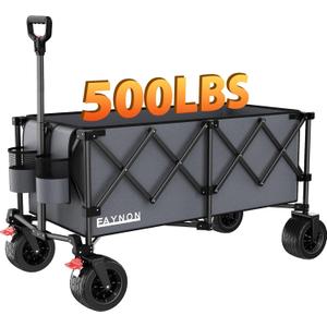 42" L Collapsible Foldable Wagon, 500LB Weight Capacity with 220L Heavy Duty Folding Cart,Utility Wagon with Big All-Terrain Beach Wheel, Drink Holders& 2 Bungee Cords,Gray