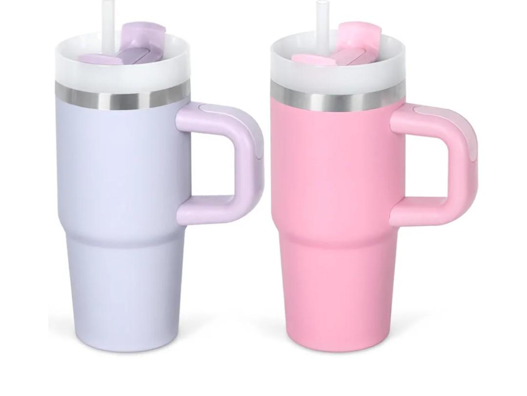 Cosictic 14 Oz Tumbler with Handle and Straw for Kids, Stainless Steel Double Wall Vacuum Insulated Cup for Children, 14 Oz Cups for Kids (Purple, Pink)