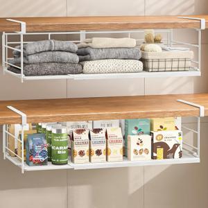 Expandable Under Cabinet Shelf, Extendable Under Shelf Storage with Removable Wire-Like Back for Pantry Cabinet, Laundry Room, Shoe Rack. (White, 2 Pack, Interior: 5" H x 10" D)