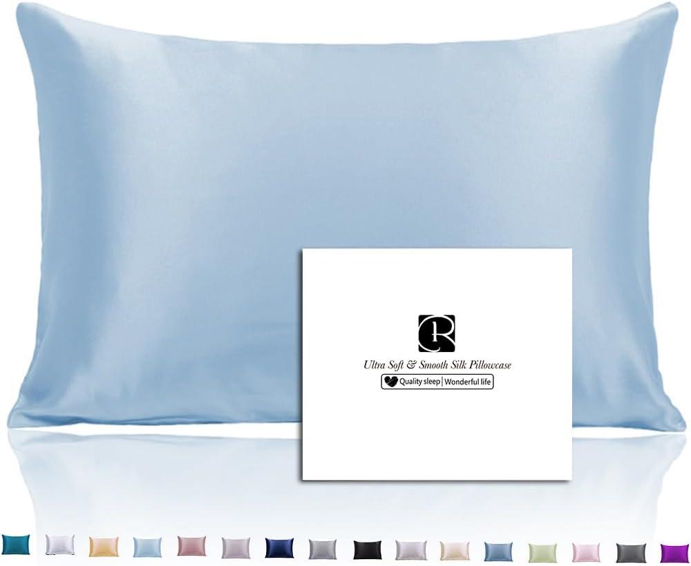 Ravmix Silk Pillow Cases with Zipper, 21momme Mulberry Silk Pillowcase for Hair Skin Health, Soft Smooth Breathable Cool Pillow Cover for Beauty Sleep with Gift Box 1PC (Queen 20"x30", Light Blue)