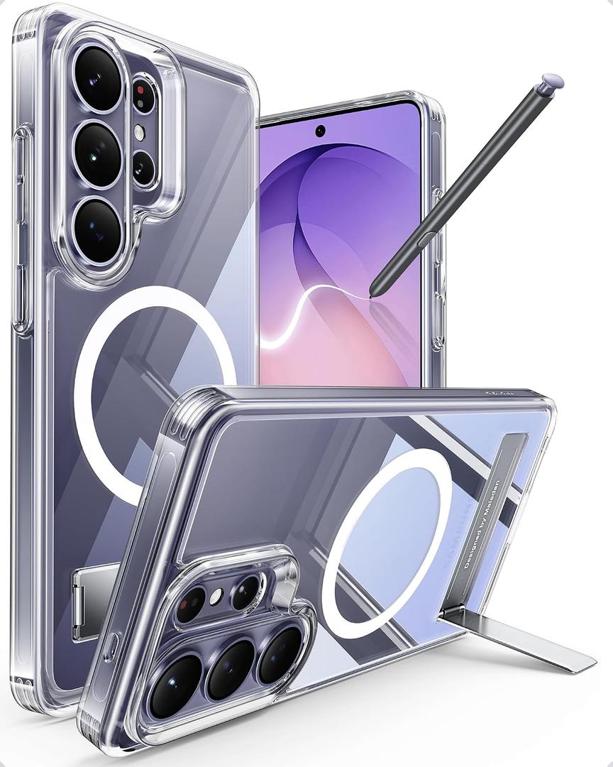 Maledan for Samsung Galaxy S26 Ultra Case with Built-in Phone Stand, Magnetic Shockproof Camera Protection Case for Galaxy S26 Ultra 6.9", Magsafe Compatible Kickstand, Anti-Yellowing Crystal Clear