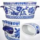 Blue and White Ceramic Planter Pot – Vintage Floral Oval Cachepot Vase for Indoor Plants, Flowers & Succulents – Glazed Chinese Porcelain Style Decorative Bowl – 7.4" and 10.6" Size – No Drainage