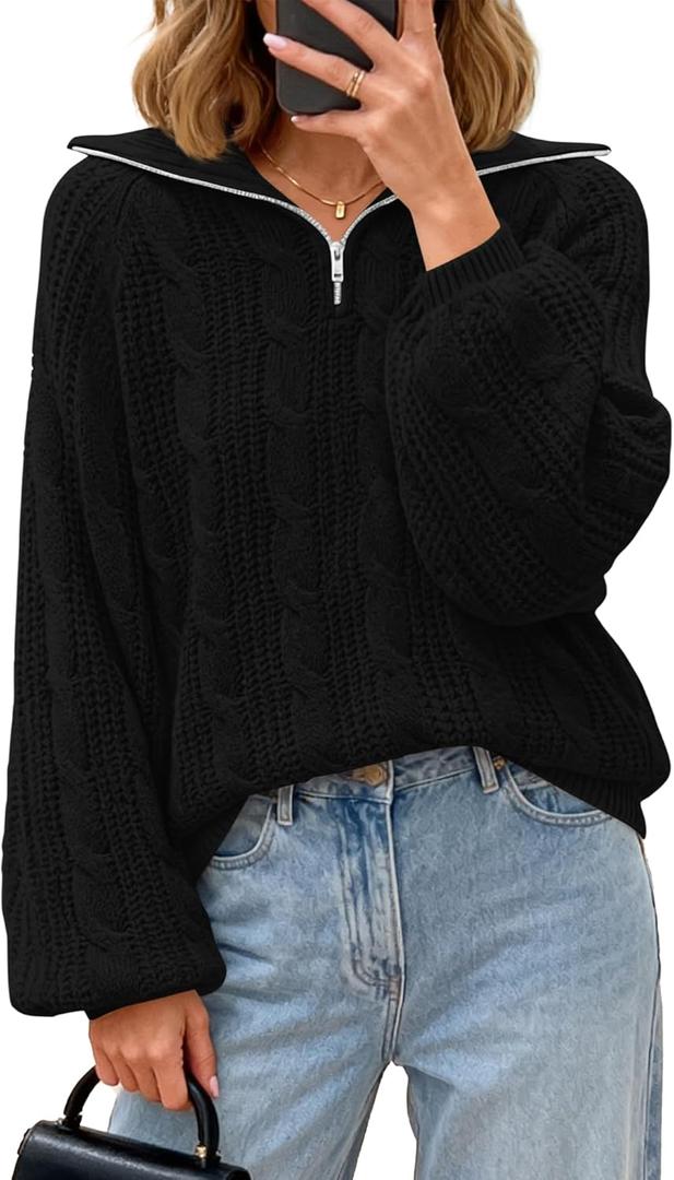 BTFBM Sweaters for Women Fall Fashion 2025 Loose Quarter Zip Pullover Collared Long Sleeve Cable Knit Winter Clothes (Small, Black)