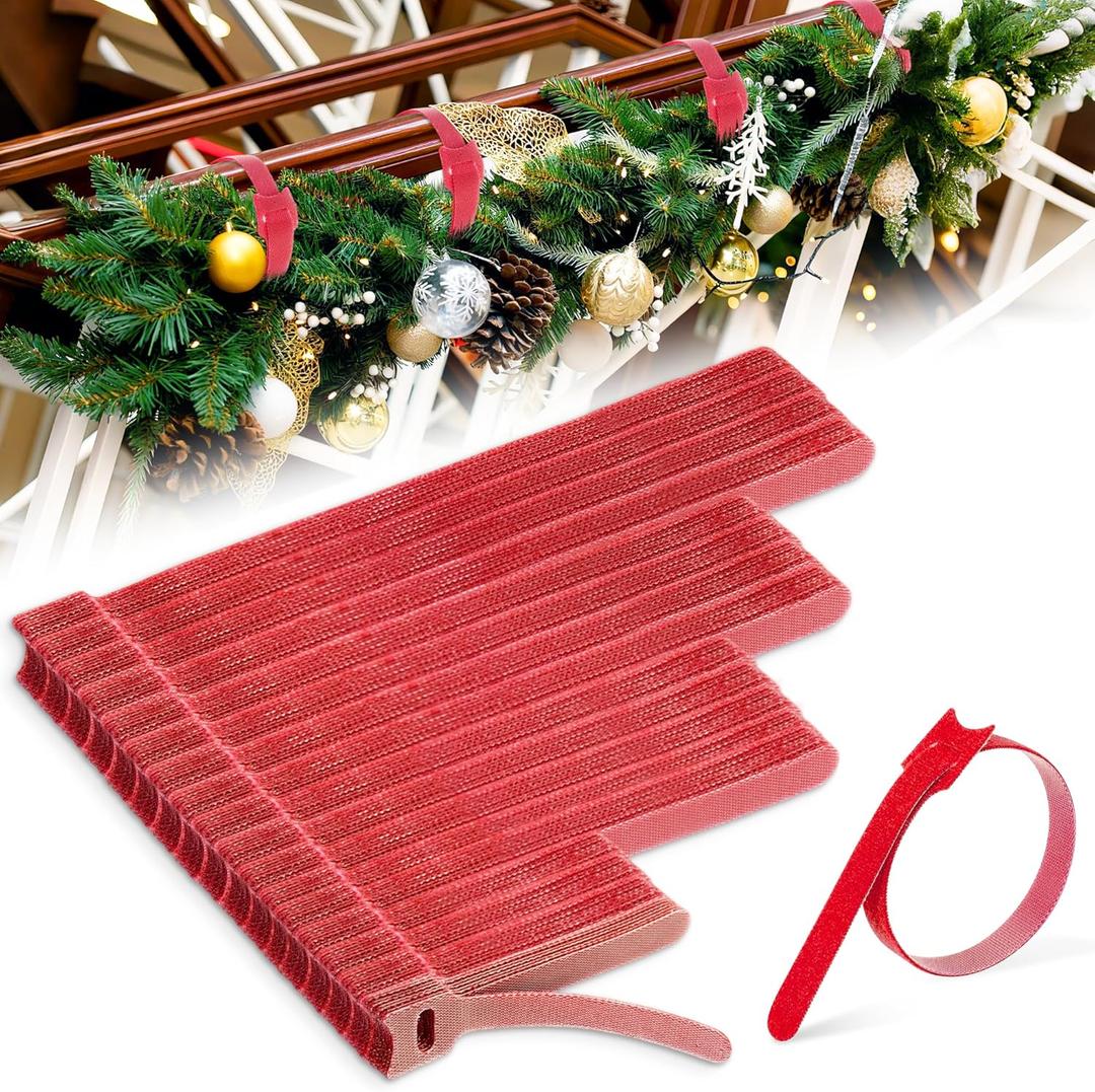 200 Pcs Christmas Garland Ties 12'',10'',8'',4' Nylon Garland Ties Reusable Garland Holders for Railing Adjustable Holiday Garland Ties Hook and Loop for Christmas Tree Wreath Stairways Railings (Red)