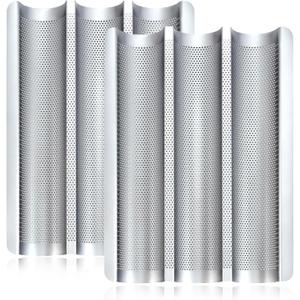 Baguette Pans for Baking 15" x 11", Carbon Steel 3 Loaf Nonstick Baguette Baking Tray for French & Italian Perforated French Bread Pan (2pack - Silver)