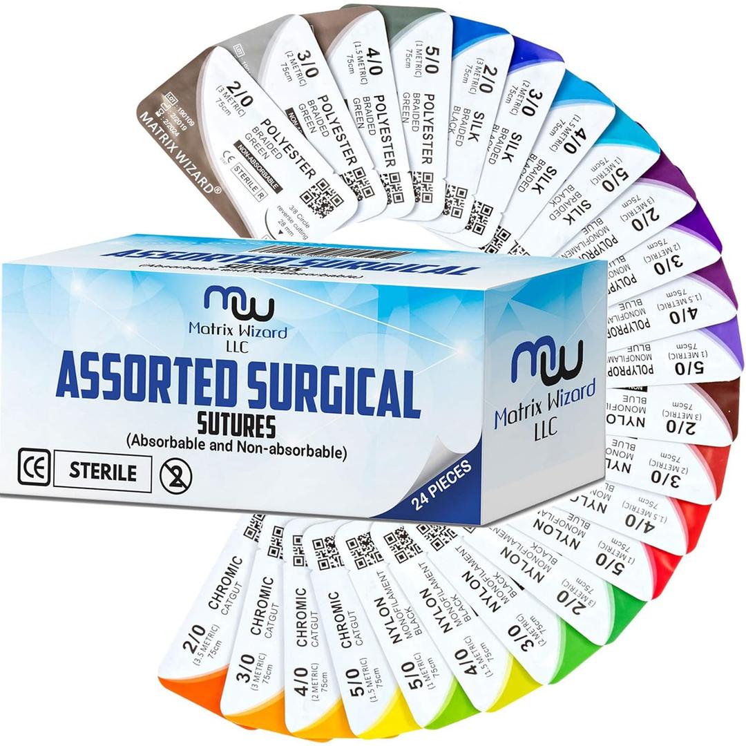 Mixed Sutures Thread with Needle (Absorbable: Chromic Catgut; Non-Absorbable: Nylon, Silk, Polyester, Polypropylene) - Surgical Wound Practice Kit, Emergency First Aid Demo (2-0, 3-0, 4-0, 5-0) 24PK