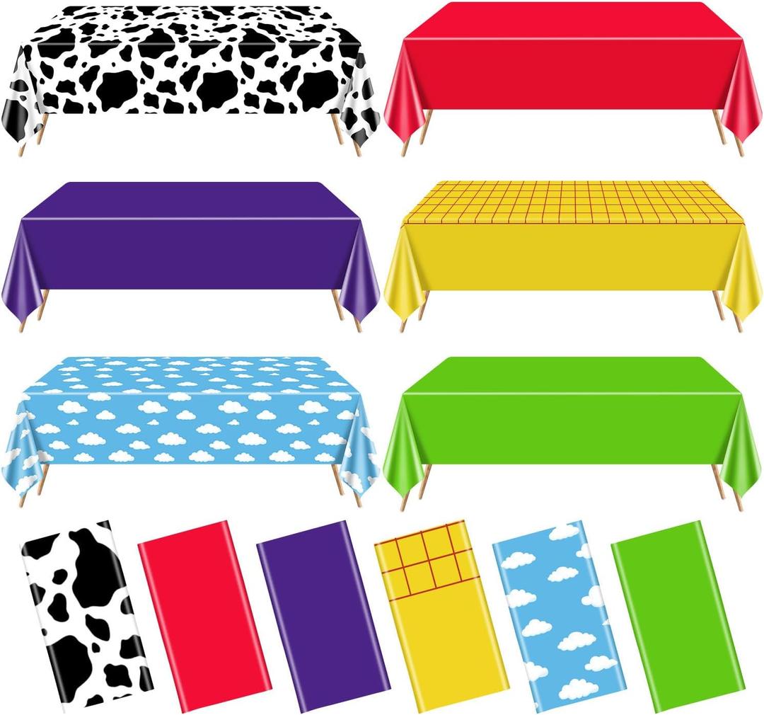 6 Pack Story Tablecloths Mix Color Plastic Table Cover Cow Pattern Printed Check Tablecover Story Birthday Party Supplies for Boy Baby Shower Decorations 87 x 51 inch