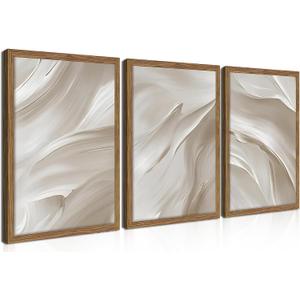 Wood Framed Beige Abstract Wall Art Set of 3, Large Modern Abstract Texture Wall Decor Paintings, Neutral Minimalist Posters Prints Pictures for Living Room Bedroom Office Home Decor 12x16 Inch (16L" x 12W")