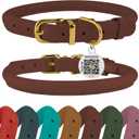 BronzeDog Rolled Leather Dog Collar with QR ID Tag, Adjustable Soft Round Collars for Small Medium Large Dogs Puppy (16" - 19" Neck Size, Cognac Brown)