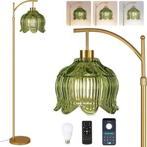 ILLMTW Glass Floor Lamp for Living Room,Bedroom,Gold Mid Century Modern Standing Lamp with Remote,Dimmable Brass Tall Lamp Vintage Tulip Green Arc Flower Floor Light Boho Bohemian