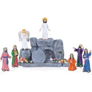 MEETYAMOR Religious Easter Decorations for Home, 8 PCS Resin Jesus Resurrection Scene Set with Empty Tomb for Christian Easter Decor, He is Risen Nativity Scene for Tabletop Mantel Tray Shelf Church