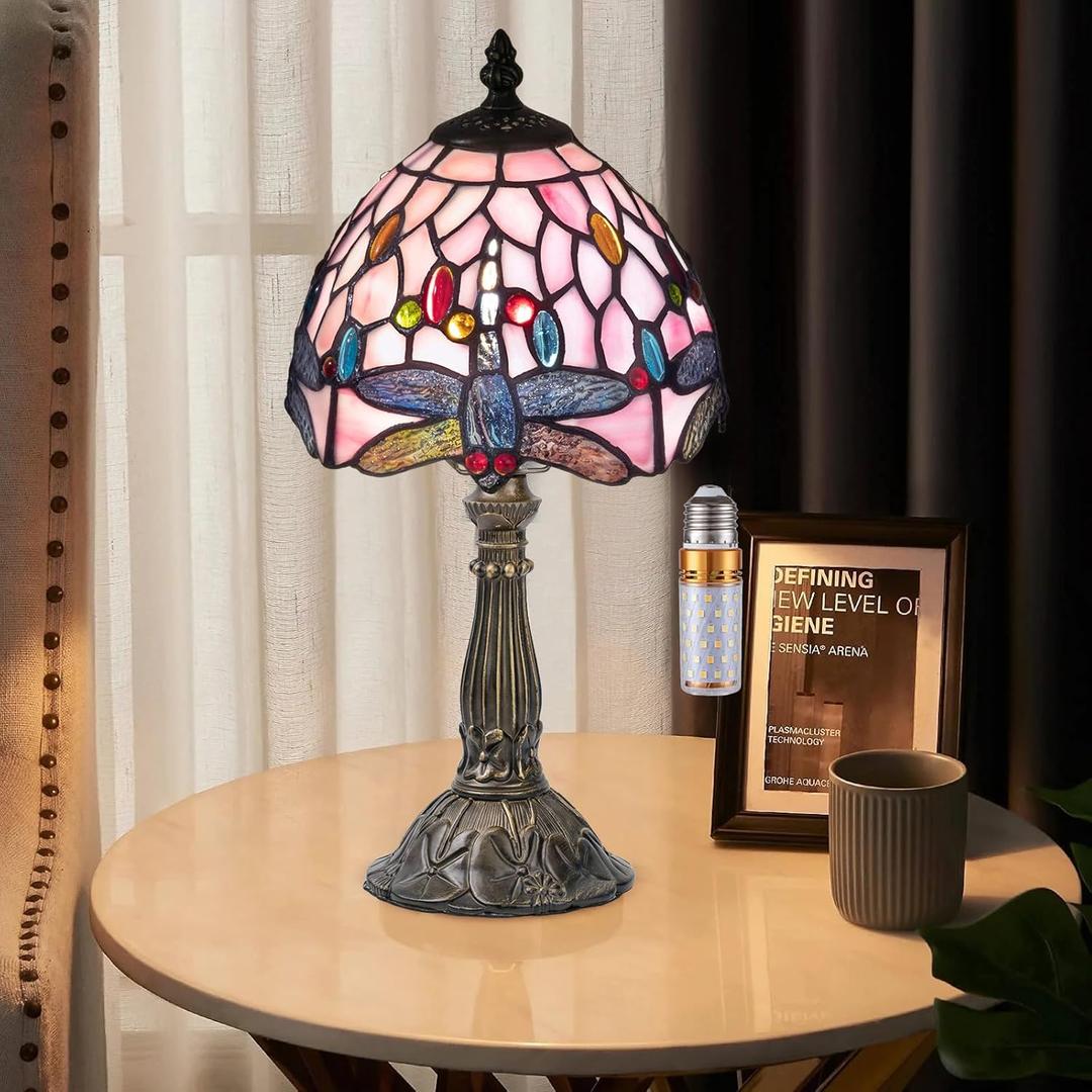 Tiffany Table Lamp,3 Color-Temperature Dragonfly Stained Glass Lamp,8 Inch Tiffany Style Lamp for Bedroom Living Room Home, Handcrafted Light, Included Bulb (Pink)