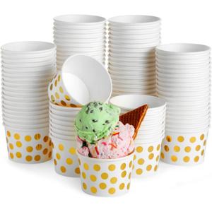 Juvale 100 Pack Paper Ice Cream Cups, 8 oz Disposable Dessert Bowls for Frozen Yogurt, Sundae Bar, Party Snacks and Treats, Gold Foil Polka Dot Design
