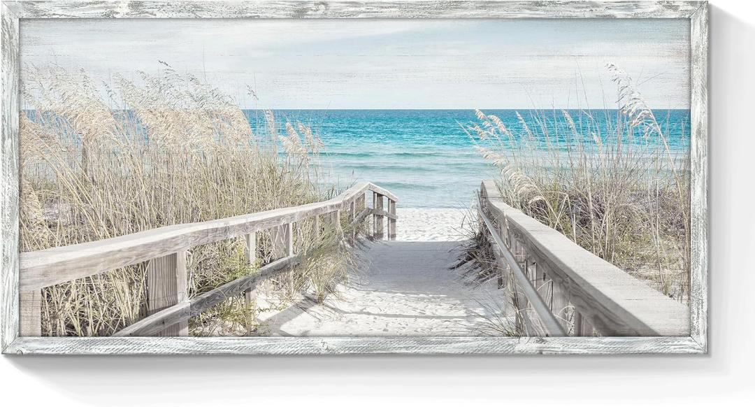 Coastal Beach Framed Wall Art: Rustic Ocean Landscape Picture Modern Seascape Painting Seaside Boardwalk Artwork Prints Decor for Bathroom, 24"L x 12"W