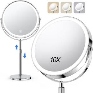 UBYMET Lighted Makeup Mirror, Rechargeable Height Adjustable Double Sided, 1x/10x Magnifying with 3 Color, Brightness Adjustable, 360 Rotation Vanity, Gift for Women
