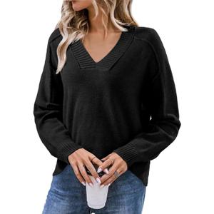 SHEWIN Womens Long Sleeve V Neck Sweaters Casual Loose Drop Shoulder Solid Knit Pullover Sweater Tops (Large, Black)